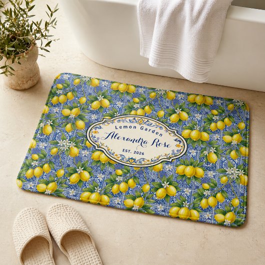 Monogram Naam Blauwe Tegel Frans Land Lemon Badmat