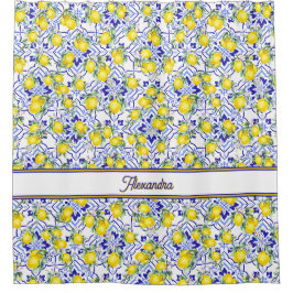 Monogram Naam Blauwe Tegel Frans Land Lemon Douchegordijn
