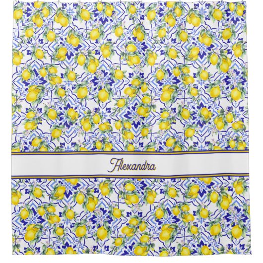 Monogram Naam Blauwe Tegel Frans Land Lemon Douchegordijn (Voorkant)