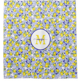 Monogram naam blauwe tegel Franse landelijke citro Douchegordijn