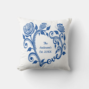 Monogram Naam Blauwe Vlinders Bloemen Liefde Hart Kussen