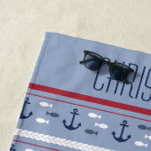 Monogram Naam Blauwe Zeemacht Witte Nautische Anch Strandlaken (In situ)