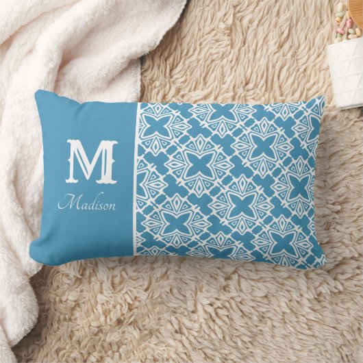 Monogram Naam Blauwgroen en Witte Lumbar Pillow Kussen (Deken)