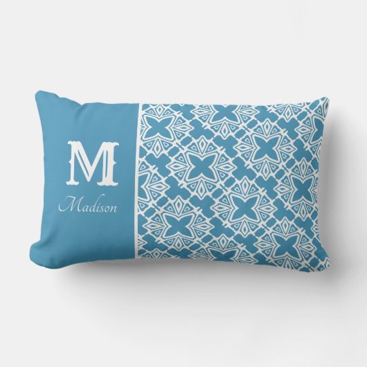 Monogram Naam Blauwgroen en Witte Lumbar Pillow Kussen (Voorkant)