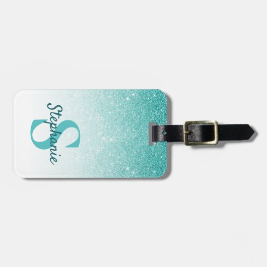 Monogram Naam Blauwgroen Glitter Sparkle Chic Bagagelabel (Voorkant horizontaal)