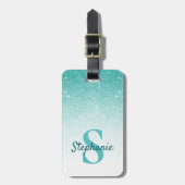 Monogram Naam Blauwgroen Glitter Sparkle Chic Bagagelabel (Voorkant verticaal)