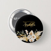 Monogram Naam Bloem Goud Zwart Elegant Modern Ronde Button 5,7 Cm (Voorkant /achterkant)
