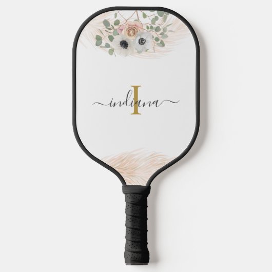Monogram Naam Bloem Pampas Gras Aangepast Pickleball Paddle (Voorkant)
