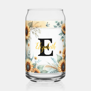 Monogram naam bloemen zonnebloem pastel waterverf blikvorm glas
