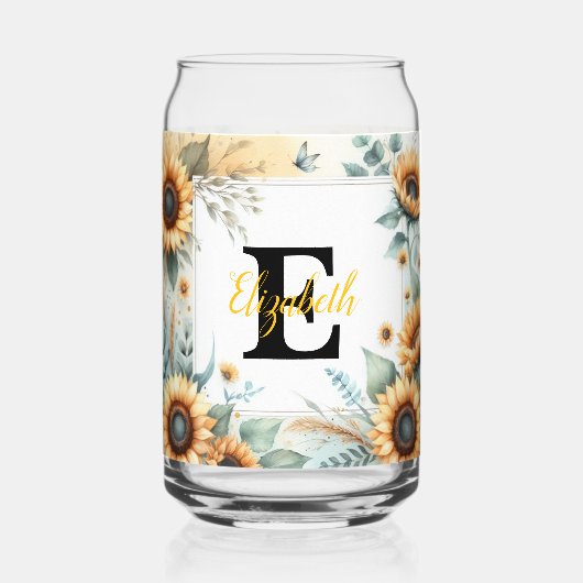 Monogram naam bloemen zonnebloem pastel waterverf blikvorm glas (Voorkant)