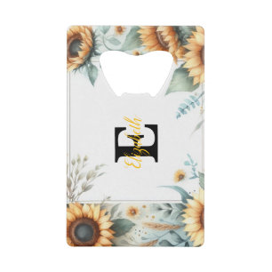 Monogram naam bloemen zonnebloem pastel waterverf creditkaart flessenopener