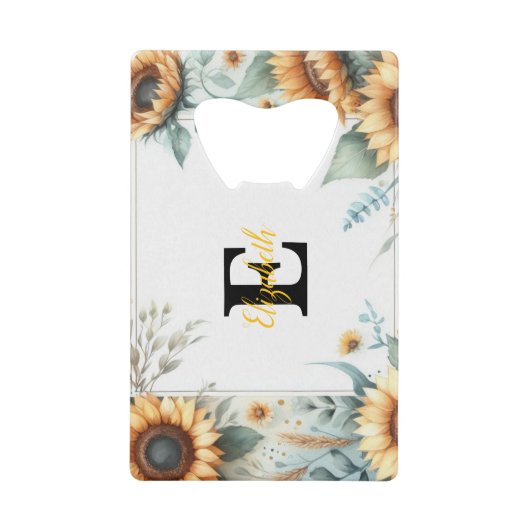 Monogram naam bloemen zonnebloem pastel waterverf creditkaart flessenopener (Voorkant)