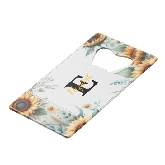 Monogram naam bloemen zonnebloem pastel waterverf creditkaart flessenopener (Voorkant Gekanteld)