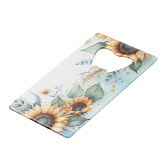 Monogram naam bloemen zonnebloem pastel waterverf creditkaart flessenopener (Achterkant Gekanteld)