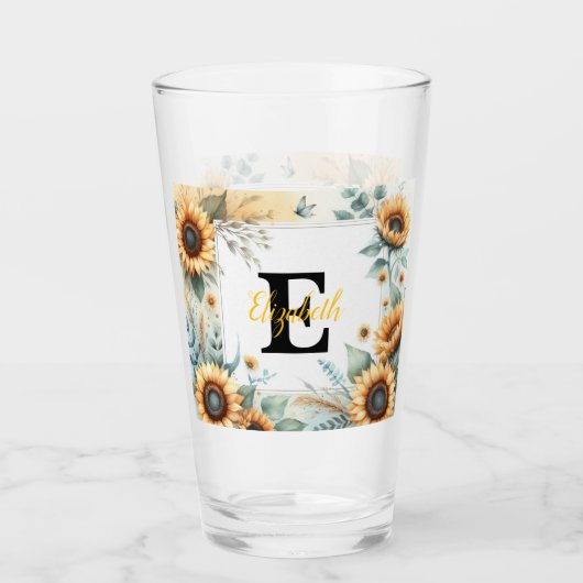 Monogram naam bloemen zonnebloem pastel waterverf glas (Voorkant)