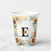 Monogram naam bloemen zonnebloem pastel waterverf papieren bekers (Voorkant)