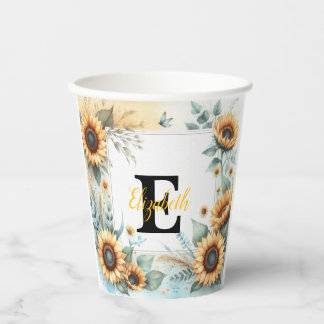 Monogram naam bloemen zonnebloem pastel waterverf papieren bekers