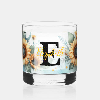 Monogram naam bloemen zonnebloem pastel waterverf whisky glas