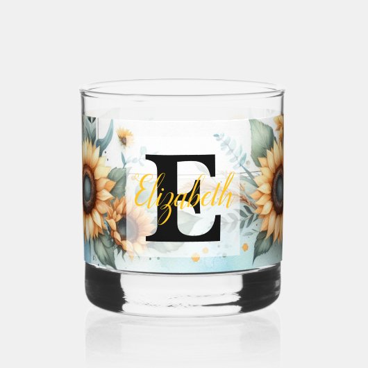 Monogram naam bloemen zonnebloem pastel waterverf whisky glas (Voorkant)