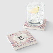 Monogram naam bloemenharten romantische waterverf stenen onderzetter (Zijkant)