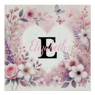 Monogram naam bloemhart romantische waterverf perfect poster