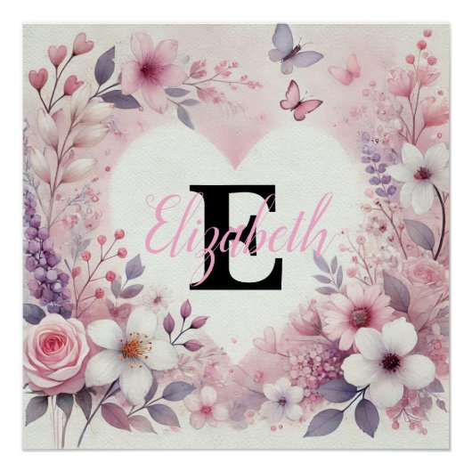 Monogram naam bloemhart romantische waterverf perfect poster (Voorkant)