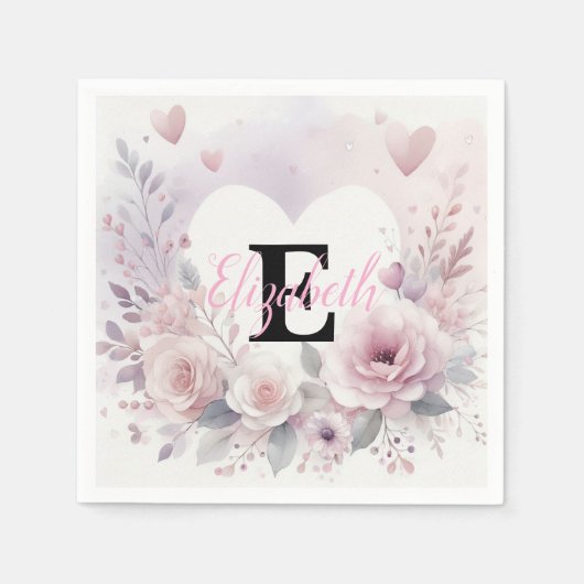 Monogram naam bloemhart romantische waterverf servet (Voorkant)