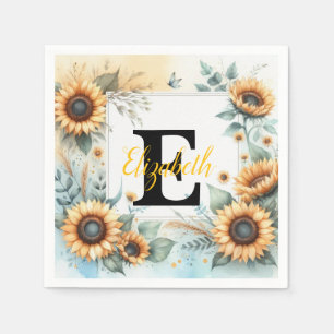Monogram naam bloemige zonnebloem pastel waterverf servet