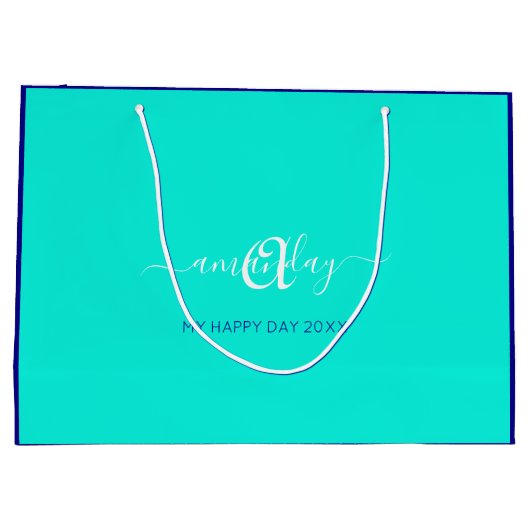 Monogram naam Blue Aqua Bridal Sweet 16th Wedding Groot Cadeauzakje (Achterkant)