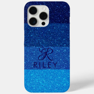 Monogram Naam Blue glitter iPhone 15 Pro Max Hoesje