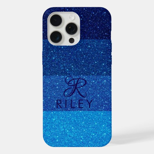 Monogram Naam Blue glitter iPhone Hoesje (Achterkant)