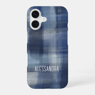 Monogram naam blue navy waterverf plaid tartan iPhone 16 hoesje