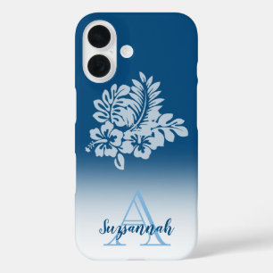 Monogram Naam Blue Ombre Tropical Hibiscus Flowers iPhone 16 Hoesje