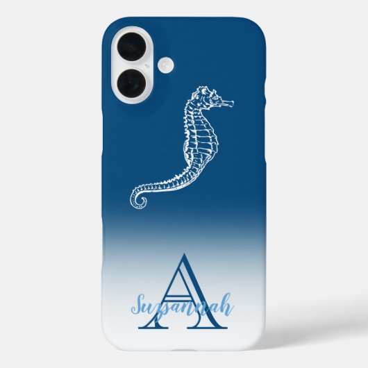 Monogram Naam Blue Ombre Tropical Seahorse Case-Mate iPhone Case (Achterkant)