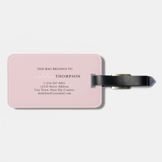 Monogram naam Blush Bleek roze en wit script Bagagelabel (Achterkant horizontaal)