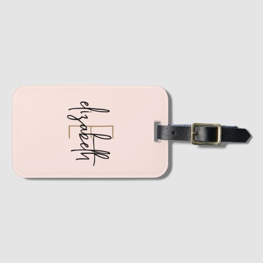Monogram Naam Blush Pink Minimalist Modern Bagagelabel (Voorkant (horizontaal))