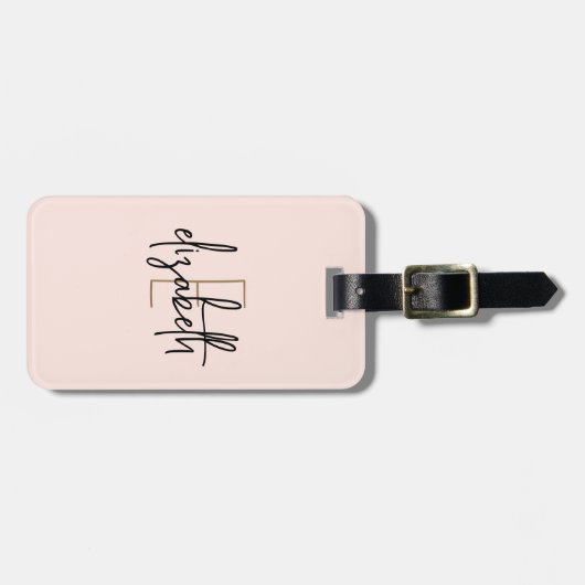 Monogram Naam Blush Pink Minimalist Modern Bagagelabel (Voorkant horizontaal)