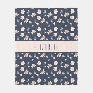 Monogram Naam Blush Pink Navy Blue Floral Fleece Deken