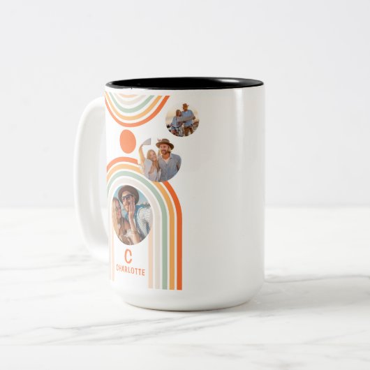 Monogram naam Boho Arch Multi Photo Trendy Girly Tweekleurige Koffiemok (Voorkant links)