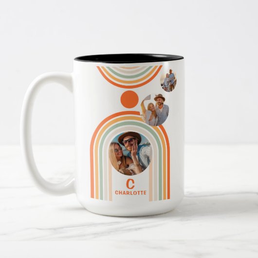 Monogram naam Boho Arch Multi Photo Trendy Girly Tweekleurige Koffiemok (Links)