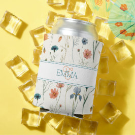 Monogram Naam Boho Wildflower Patroon Oranje Teal Blikjeskoeler