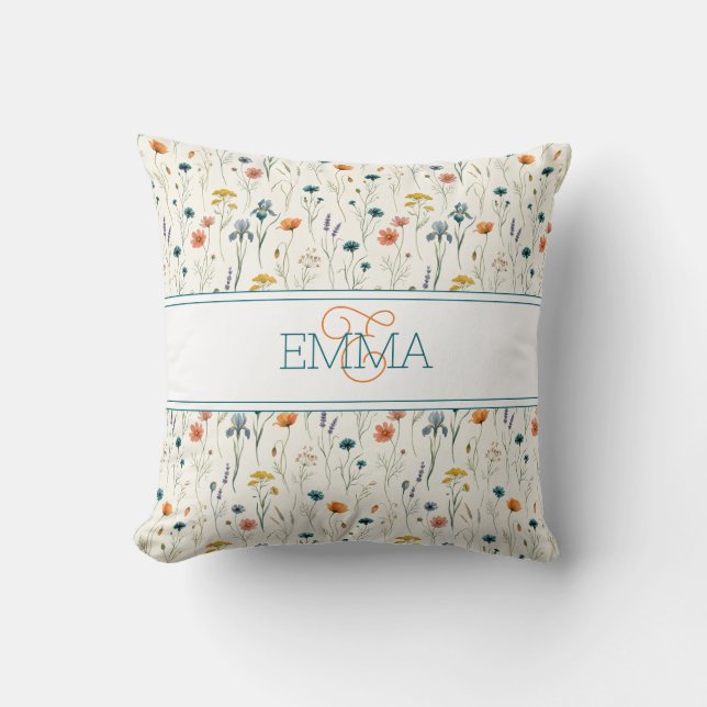 Monogram Naam Boho Wildflower Patroon Oranje Teal Kussen (Voorkant)