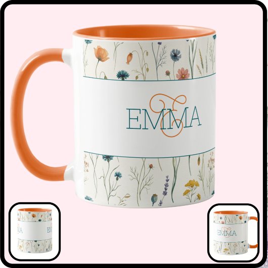 Monogram naam Boho Wildflower patroon Oranje Teal Mok