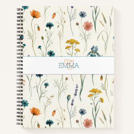 Monogram Naam Boho Wildflower Patroon Oranje Teal Notitieboek