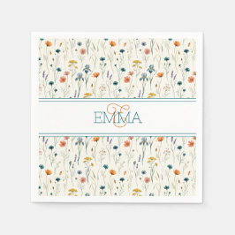 Monogram Naam Boho Wildflower Patroon Oranje Teal Servet