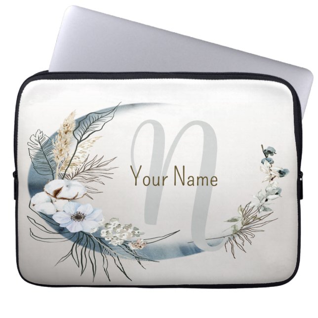 Monogram naam Boho witte orchidee bloemen blauwe m Laptop Sleeve (Voorkant)