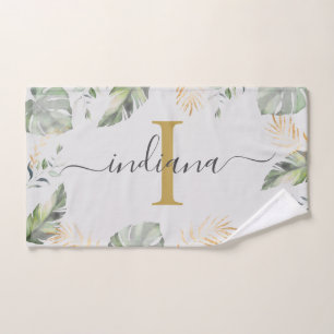Monogram Naam Botanische palmen Bladeren Groen Gou Handdoek