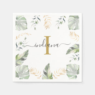 Monogram Naam Botanische Palmen Groen Gouden Blade Servet