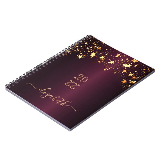 Monogram naam Bourgognige gouden sterren Notitieboek (Linkerzijde)