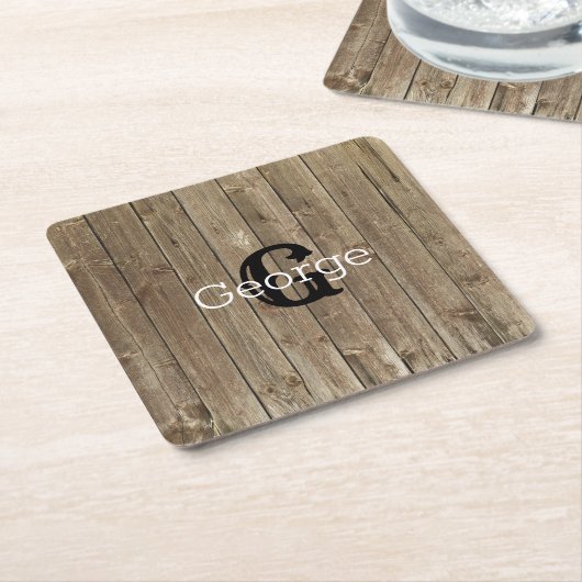 Monogram Naam Brown Wood Gepersonaliseerd Kartonnen Onderzetters (Schuin)